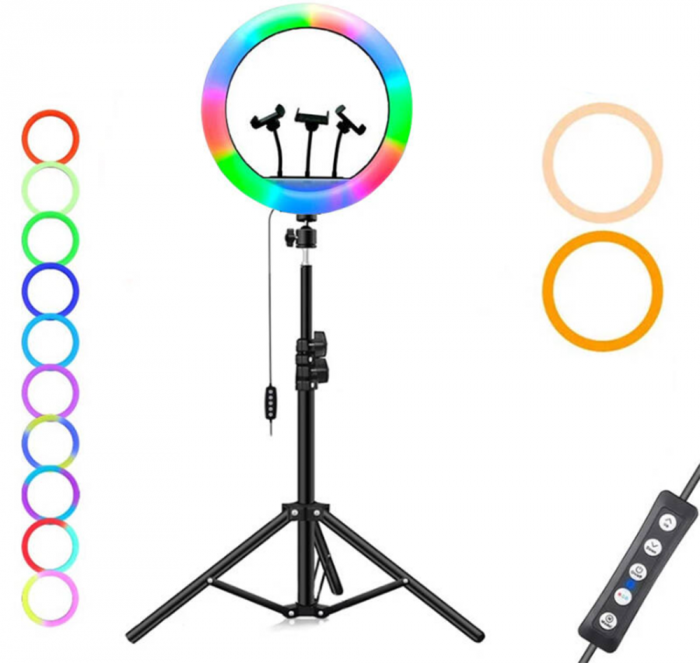 Lumină inelă RGB Full Color 56cm cu suporturi pentru telefon